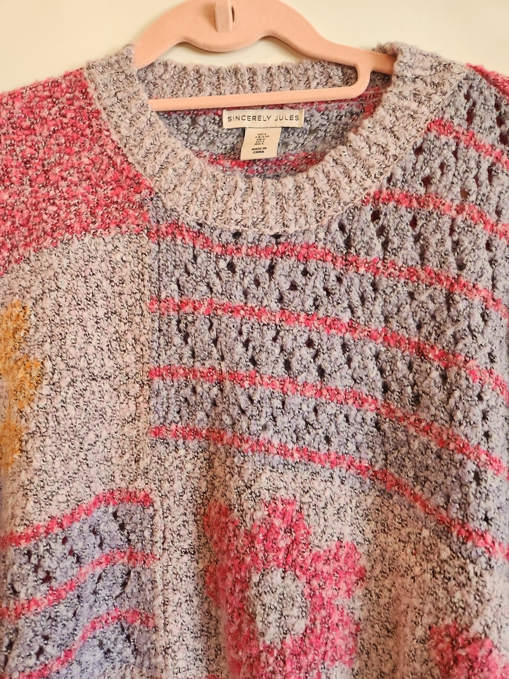 Sincerely Jules Patchwork Floral Knit Bell Sleeve Sweater Sz L Relaxed Boxy Fit - Picture 3 of 11